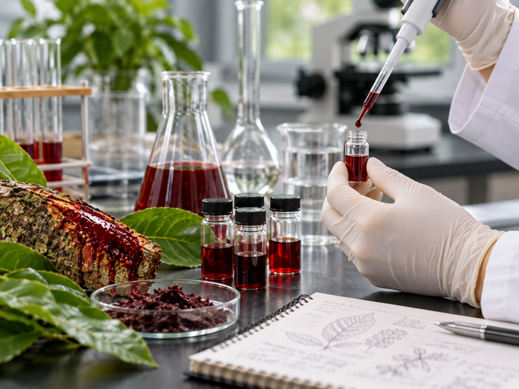 Pesquisador com luvas manipulando pipeta e pequenos frascos de líquido vermelho sobre bancada de laboratório.