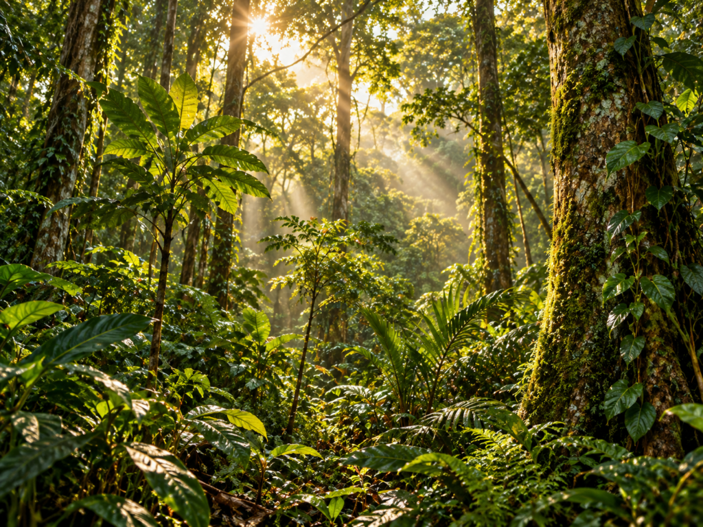 Floresta tropical exuberante com árvores altas, vegetação verde e raios de sol atravessando a copa das árvores.