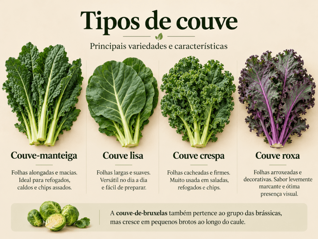 Comparação visual entre diferentes tipos de couve e couve-de-bruxelas