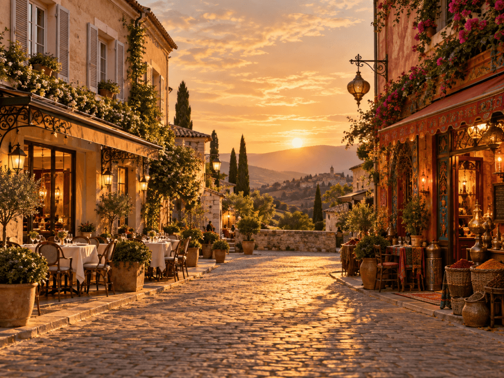 A 100 Passos de um Sonho: rua de vila francesa ao entardecer com um restaurante francês de um lado e um restaurante indiano do outro