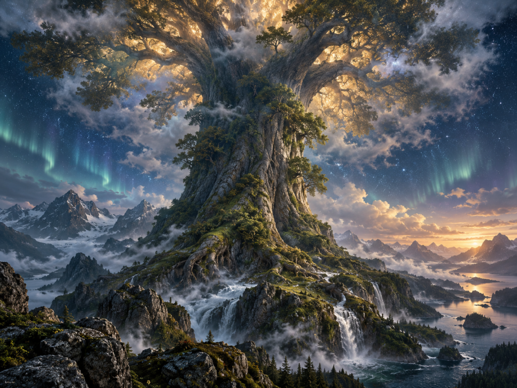 Yggdrasil — Árvore colossal de tronco monumental e raízes gigantescas, erguendo-se entre montanhas, cachoeiras e um céu estrelado iluminado por auroras.