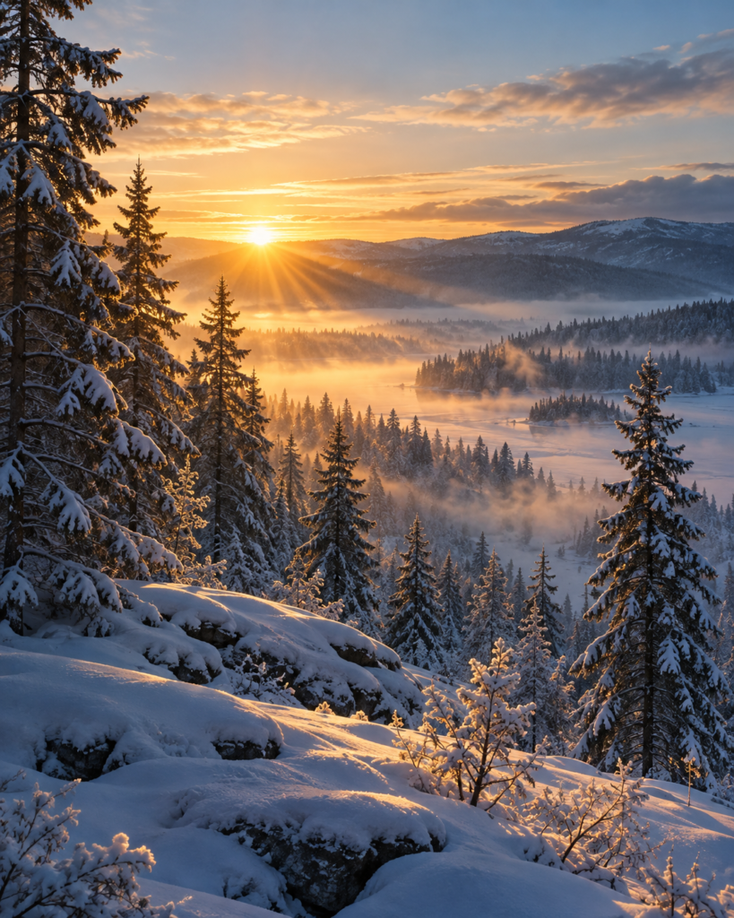 Yule e o sol renascente iluminando uma floresta nórdica coberta de neve durante o inverno.